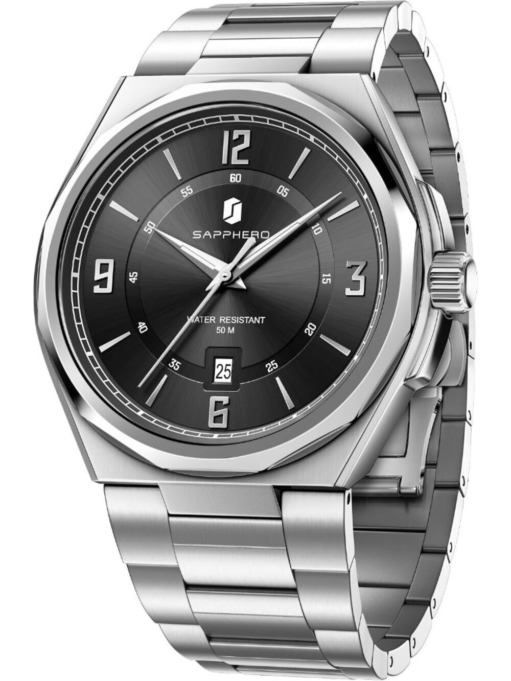 Men's Black/Silver Numeral Dial Stainless Steel Strap Analog Quartz Wrist Watch